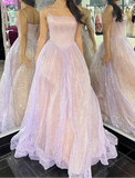 Lilac A-Line Spaghetti Strap Long Prom Dresses, Glitter Birthday Dress HZ1024