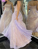 Lilac A-Line Spaghetti Strap Long Prom Dresses, Glitter Birthday Dress HZ1024