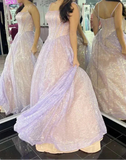 Lilac A-Line Spaghetti Strap Long Prom Dresses, Glitter Birthday Dress HZ1024