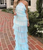 Sky Blue Sheath Halter Tulle Long Prom Dresses, Fashion Party Dress HZ1024