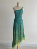 Blue Sheath One Shoulder Beaded Chiffon Birthday Party Dress, Fairytale Prom Dresses HZ1024