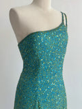 Blue Sheath One Shoulder Beaded Chiffon Birthday Party Dress, Fairytale Prom Dresses HZ1024