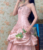 Pink A-Line Strapless Taffeta Beaded Quinceanera Dresses Long Evening Gowns HZ1024
