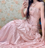 Pink A-Line Strapless Taffeta Beaded Quinceanera Dresses Long Evening Gowns HZ1024