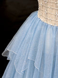 Blue Strapless A-Line Glitter Tulle Long Prom Dresses Sweet 16 Dress HZ1024