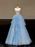 Blue Strapless A-Line Glitter Tulle Long Prom Dresses Sweet 16 Dress HZ1024