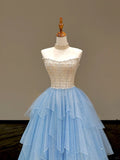 Blue Strapless A-Line Glitter Tulle Long Prom Dresses Sweet 16 Dress HZ1024