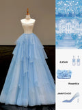 Blue Strapless A-Line Glitter Tulle Long Prom Dresses Sweet 16 Dress HZ1024
