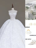 White Strapless A-Line Lace Applique Long Wedding Dress HZ1024