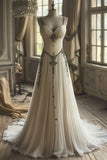 Beige Spaghetti Strap A-Line Chiffon Long Wedding Dress HZ1024