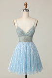 Light Blue A Line V Neck Sequins Homecoming Dress Short Sweet Birthday Dress HZ1024