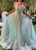 Sky Blue A-Line Tulle Beaded Off-shoulder Long Prom Dresses, Sweet 16 Dress HZ1024