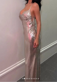 Spaghetti Straps Gold Sheath Long Evening Gowns HZ1024