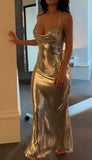 Spaghetti Straps Gold Sheath Long Evening Gowns HZ1024