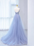 Periwinkle Purple Mermaid V-neck Beaded Tulle Long Evening Gowns Train Wedding Dress HZ1024