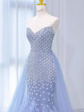 Periwinkle Purple Mermaid V-neck Beaded Tulle Long Evening Gowns Train Wedding Dress HZ1024