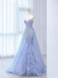 Periwinkle Purple Mermaid V-neck Beaded Tulle Long Evening Gowns Train Wedding Dress HZ1024