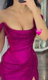 Fuchsia Off-shoulder Sheath Sparkly Long Prom Dresses, Formal Evening Gowns HZ1024