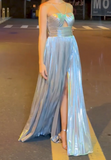 Silver Halter Sheath Satin Long Prom Dresses, Formal Evening Gowns HZ1024