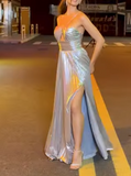 Silver Halter Sheath Satin Long Prom Dresses, Formal Evening Gowns HZ1024