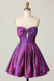 Purple Strapless A-Line Satin Short Homecoming Dress with Bow HZ1024