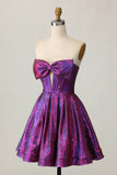 Purple Strapless A-Line Satin Short Homecoming Dress with Bow HZ1024