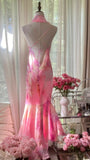 Spaghetti Strap Pink Sheath Chiffon Prom Dresses Vintage Backless Evening Gowns HZ1024