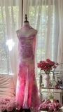 Spaghetti Strap Pink Sheath Chiffon Prom Dresses Vintage Backless Evening Gowns HZ1024
