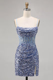 Dusty Blue Spaghetti Strap Bodycon Sequin Short Homecoming Dress with Slits HZ1024