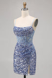 Dusty Blue Spaghetti Strap Bodycon Sequin Short Homecoming Dress with Slits HZ1024