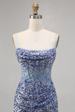 Dusty Blue Spaghetti Strap Bodycon Sequin Short Homecoming Dress with Slits HZ1024