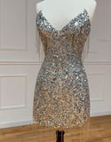 Silver V-neck Bodycon Sequin Short Party Dress Backless Homecoming Dress with Tassels HZ1024