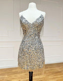 Silver V-neck Bodycon Sequin Short Party Dress Backless Homecoming Dress with Tassels HZ1024