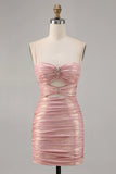Pink Spaghetti Strap Bodycon Glitter Satin Backless Short Birthday Dress, Homecoming Dress HZ1024