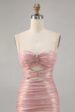 Pink Spaghetti Strap Bodycon Glitter Satin Backless Short Birthday Dress, Homecoming Dress HZ1024