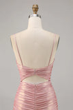 Pink Spaghetti Strap Bodycon Glitter Satin Backless Short Birthday Dress, Homecoming Dress HZ1024