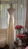 Off-White V-Neck Sheath Beaded Chiffon Long Backless Prom Dresses, Elegant Evening Gowns HZ1024