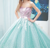 Blue Strapless Tulle Beaded Long Ball Gowns Glamour Quincea?era Dress HZ1024