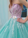 Blue Strapless Tulle Beaded Long Ball Gowns Glamour Quincea?era Dress HZ1024