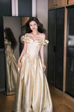 Champagne Gold A-Line Off Shoulder Satin Long Prom Dresses Sweet 16 Dress HZ1024
