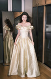 Champagne Gold A-Line Off Shoulder Satin Long Prom Dresses Sweet 16 Dress HZ1024
