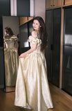 Champagne Gold A-Line Off Shoulder Satin Long Prom Dresses Sweet 16 Dress HZ1024