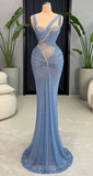 Gray Blue Mermaid Asymmetric Lace Long Prom Dresses, Formal Evening Gowns HZ1024