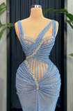 Gray Blue Mermaid Asymmetric Lace Long Prom Dresses, Formal Evening Gowns HZ1024