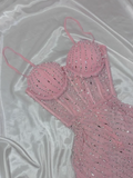 Pink Bodycon Spaghetti Straps Beaded Long Prom Dresses Sweet Birthday Dress HZ1024