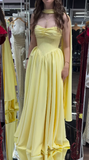 Butter Yellow A-Line Strapless Chiffon Long Prom Dresses Graduation Dress HZ1024