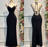Black Halter Mermaid Chiffon Backless Evening Dress Outdoor Party Dress HZ1024