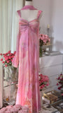 Pink Strap Sheath Print Chiffon Prom Dresses, Vintage Evening Gowns HZ1024