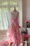 Pink Strap Sheath Print Chiffon Prom Dresses, Vintage Evening Gowns HZ1024