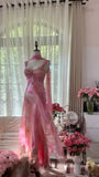 Pink Strap Sheath Print Chiffon Prom Dresses, Vintage Evening Gowns HZ1024